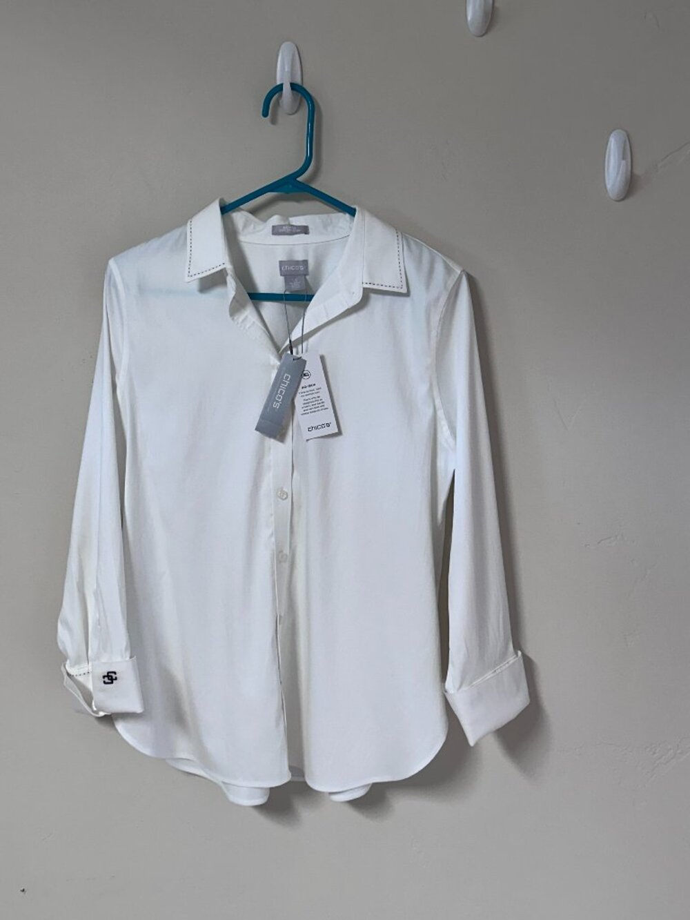 NWT Chicos No Iron Chic Stretch White Button Down Shirt Pick Stitch Size 1.5